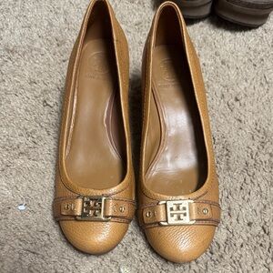 Tory Burch Brown Leather wedges with Gold Accent